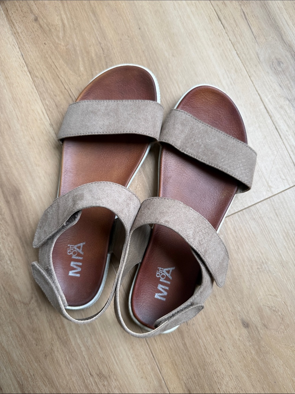 MIA Taupe Suede Double-Strap Slide Sandals